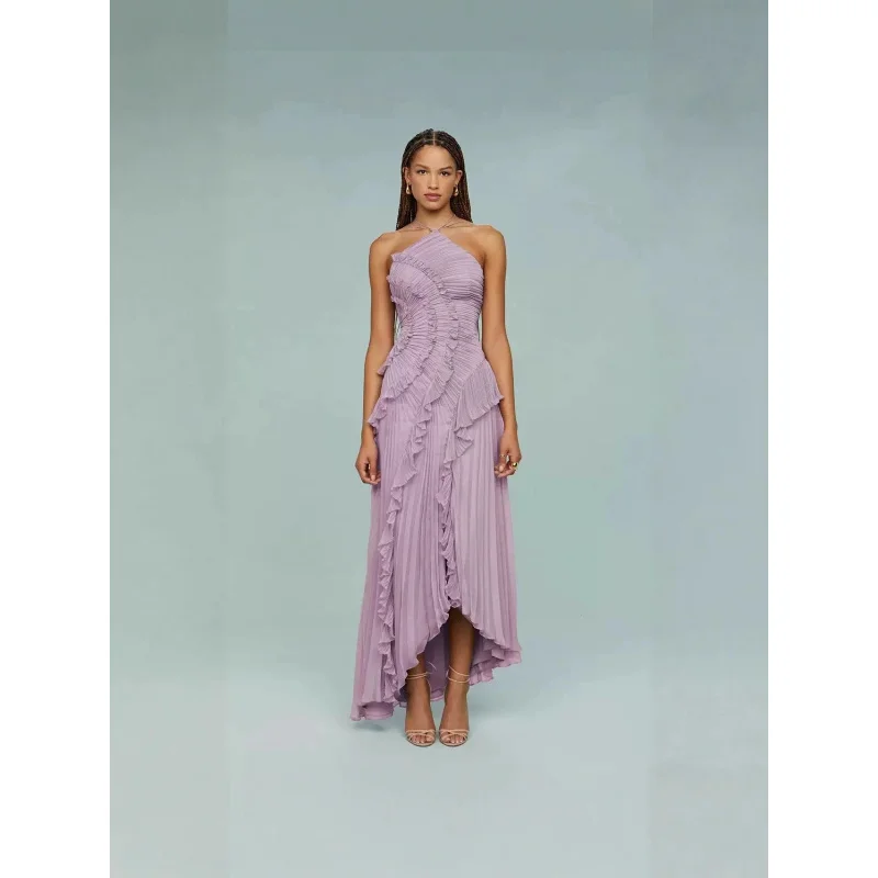 

Halter Neck Purple Pleated Ruffle Dress Waist-Cinching, Slimming, Elegant, Asymmetrical Long Dress