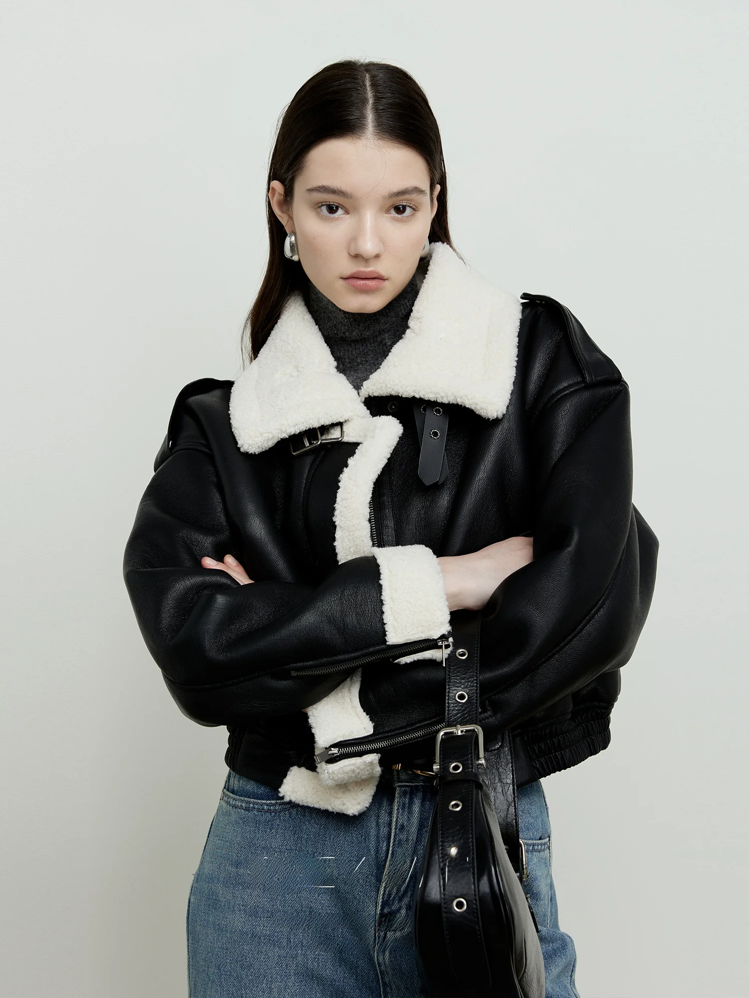 Roeywang pele de cordeiro ort biker jaet casaco de couro acolchoado de calor feminino mistura de lã de poliéster longo fecho de zíper sve