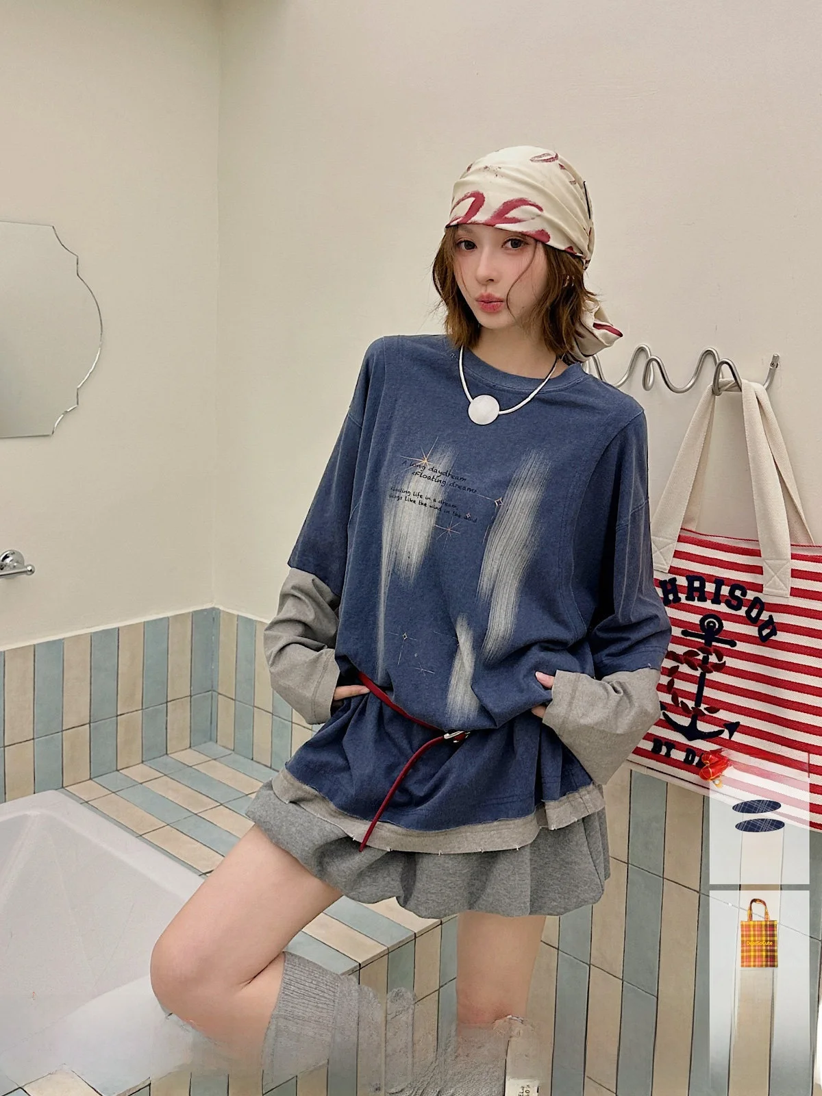 

REREK Early Autumn Color Blo Vintage Print Long Sve T-irt Patchwork Design Cotton Crew Ne Top for Women