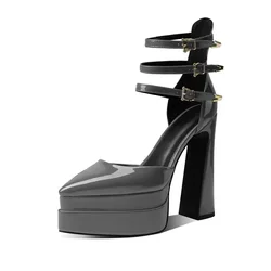 2025Spring and Summer New Women's Shoes Fashion Lacquer Leather Thick Sole High Heel Party Shoes Wedding Large Women's Shoes