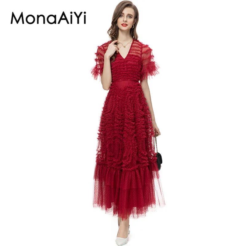 

MonaAiYi Runway Fashion Designer Dress Women's High Street V-Neck Ruffles Sleeves Cascade Fungus Selvedge Red Long Dresses