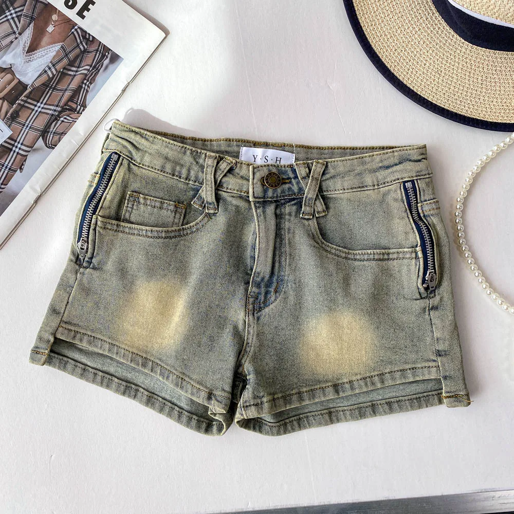 

Retro American Light Blue Denim orts Women's Summer New Sle Hot Girl High Waist Slim Wide Leg Pants Casual Zipper Sle
