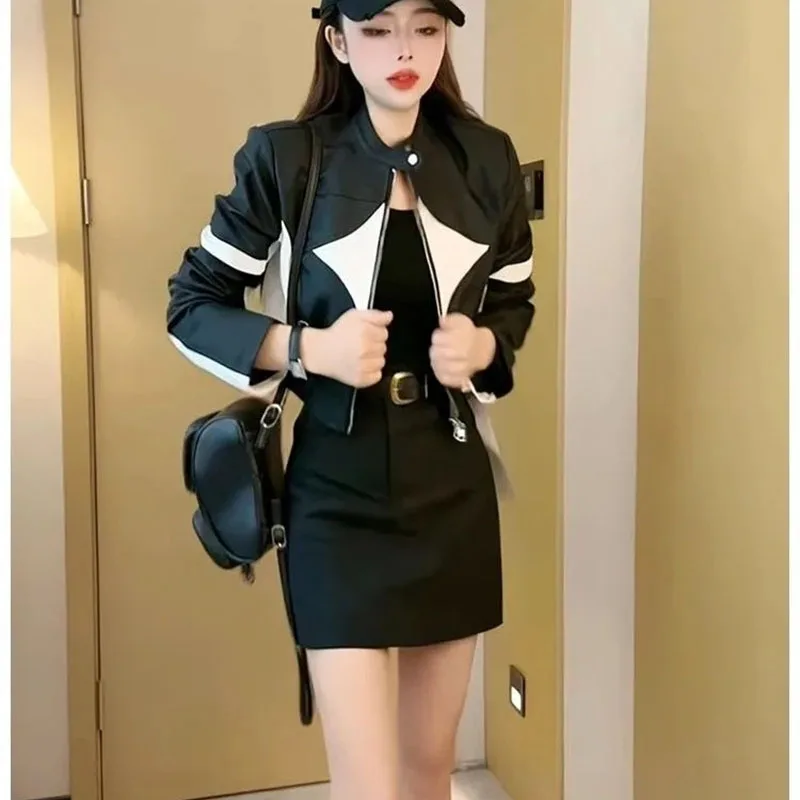 Contrast Color PU Leather Coat for Women's Fashion Short Motorcycle Leather Jacket New 2025 Spring Autumn Female Outerwear Top