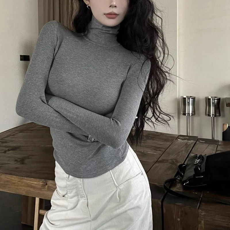 Otoño Invierno mujeres cuello alto sólido Tops mujer coreana térmica ropa de manga larga niñas cómodos jerseys elásticos