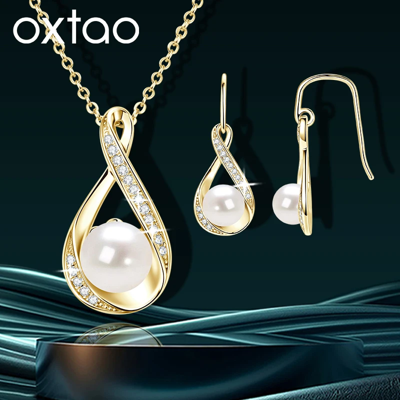 OXTAO Moissanite Pearl Necklace& Earring Jewelry Set for Women 14K Gold Filled Infinity Drop Necklaces Wedding Jewelry Gift