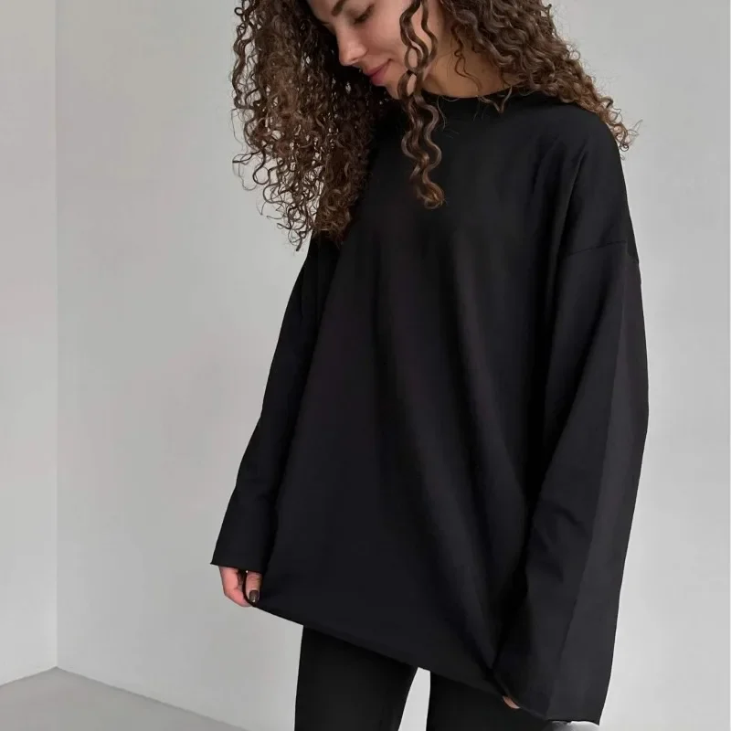 2025 봄/여름 여성을위한 새로운 유럽과 미국 스타일의 순수 코튼 긴 소매 티셔츠, 수제 착용 루즈 탑