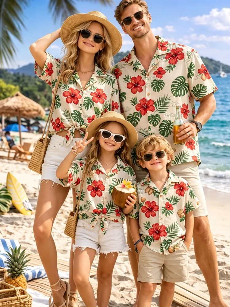 New Mother Kids Family Wear Beach Hawaiian Shirt Tropical Sandcastle Palm Tree Shirt Outdoor Sports Sparent Shirts Child T-Shirt