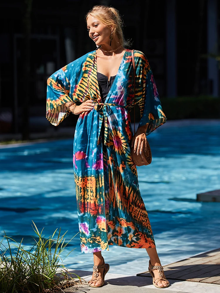 Boho Dress 2023 Print Beach kimono per le donne Bikini Cover up Kaftan Dress Robe tunica per Beach costume da bagno costume da bagno Cover up