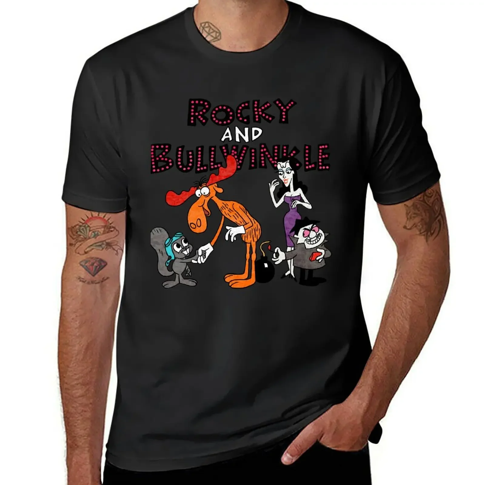 

Tribute to Jay Ward Cartoons Rocky, Bullwinkle, Natasha and Boris with Logotype Classic T-Shirt vintage clothes clothing for men