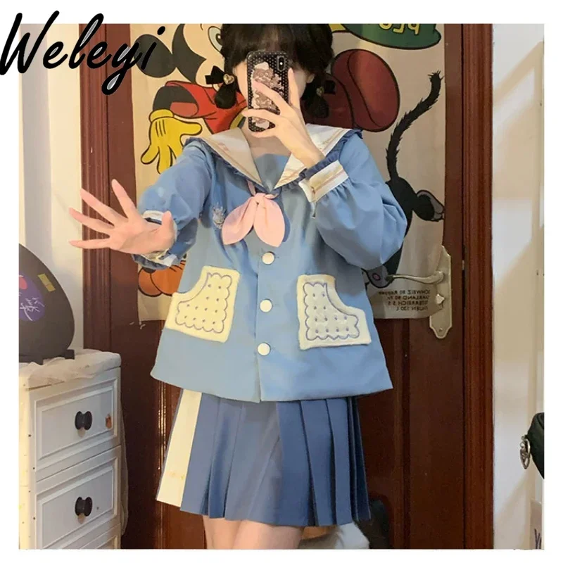 

College Jirai Kei Outfit Japanese Student 2024 Spring and Autumn New Original JK Uniform Suit Long Sleeve Sailor Top Skirt Suits