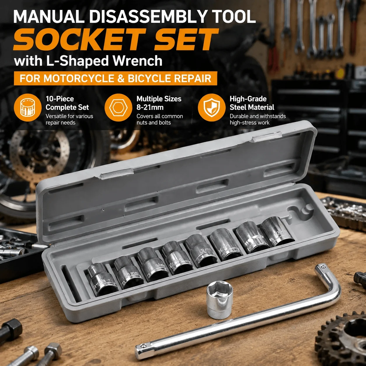 10Pcs Socket Set Motorcycle Bike Repair Tools L-Shaped Wrench 8-21mm High-Grade Steel Portable Tool Box Disassembly Kit