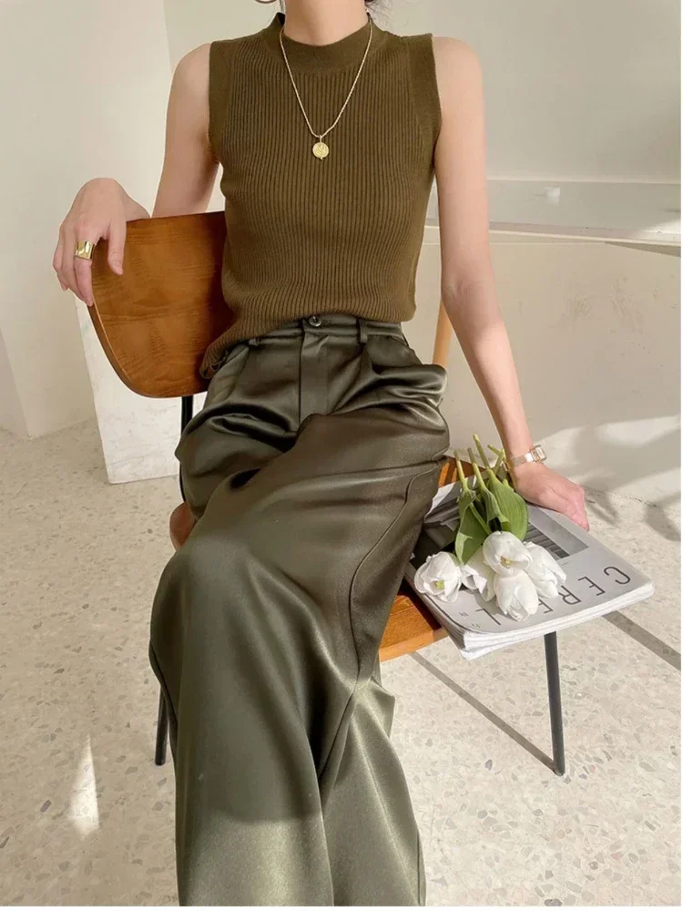 Frühling Sommer Damen High-Waist Weite Hosen Locker Sitzende Klassische Schwarze Seidensatin Freizeithose im Koreanischen Stil Damenbekleidung – Detail 13