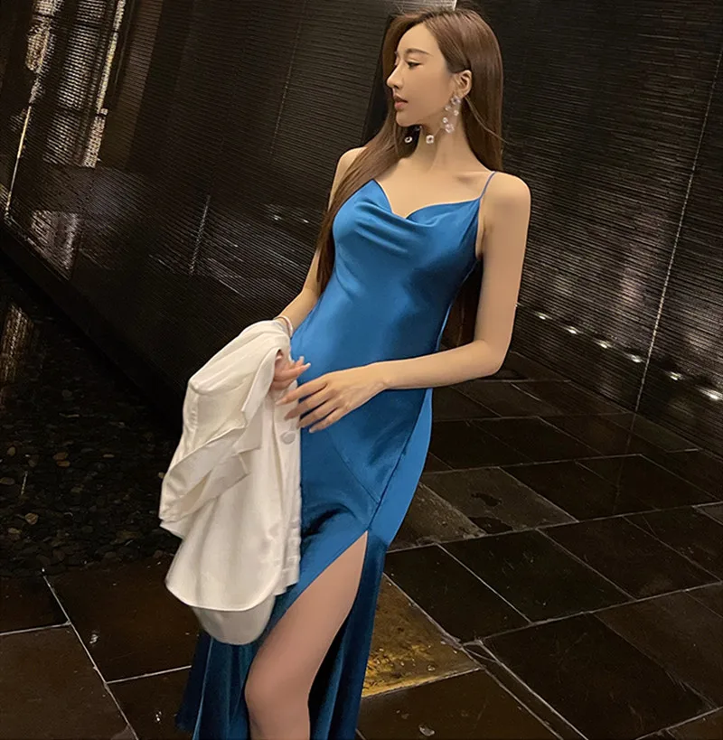 Neue 2025, Frühling Sommer Frauen Elegante Luxuriöse Hohe Schlitz Slip Kleid hohe streetwear sexy Acetat satin party kleid Vestidos