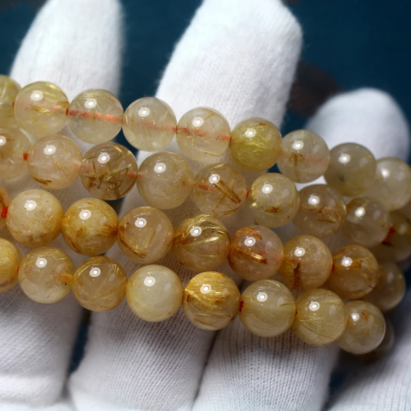 Meihan Natural Gold Rutilated Quartz Smooth Round Loose Stone Beads For Jewelry Making Design gift