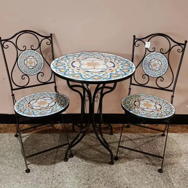 American country style wrought iron ceramics one table and two chairs, summer small fresh table and chair set