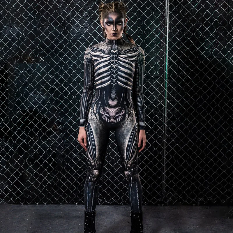 Women Cosplay Skeleton Jumpsuits Halloween Devil Ghost Specter Jumpsuit Carnival Party Performance Scary Costume