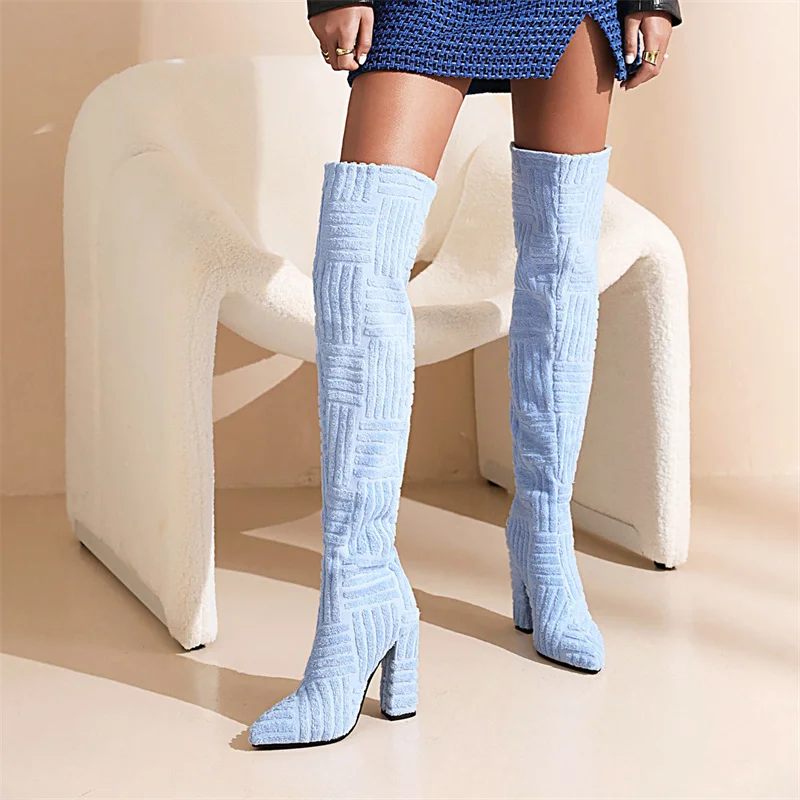 Blue Knee Boots Solid Botas Stripe Pattern Designer Pointed Toe Chunky Heel Fashion Shoes Winter Luxury Women Elegant Versatile