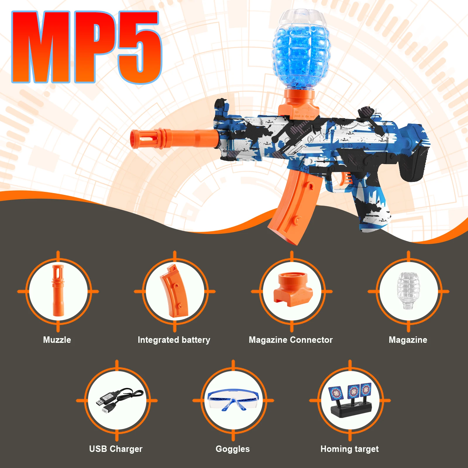 Brinquedos automáticos de arma de bolas de gel MP5, balas de água elétricas de alta velocidade Blaster, perfeito para jogos de tiro ao ar livre, presentes de aniversário