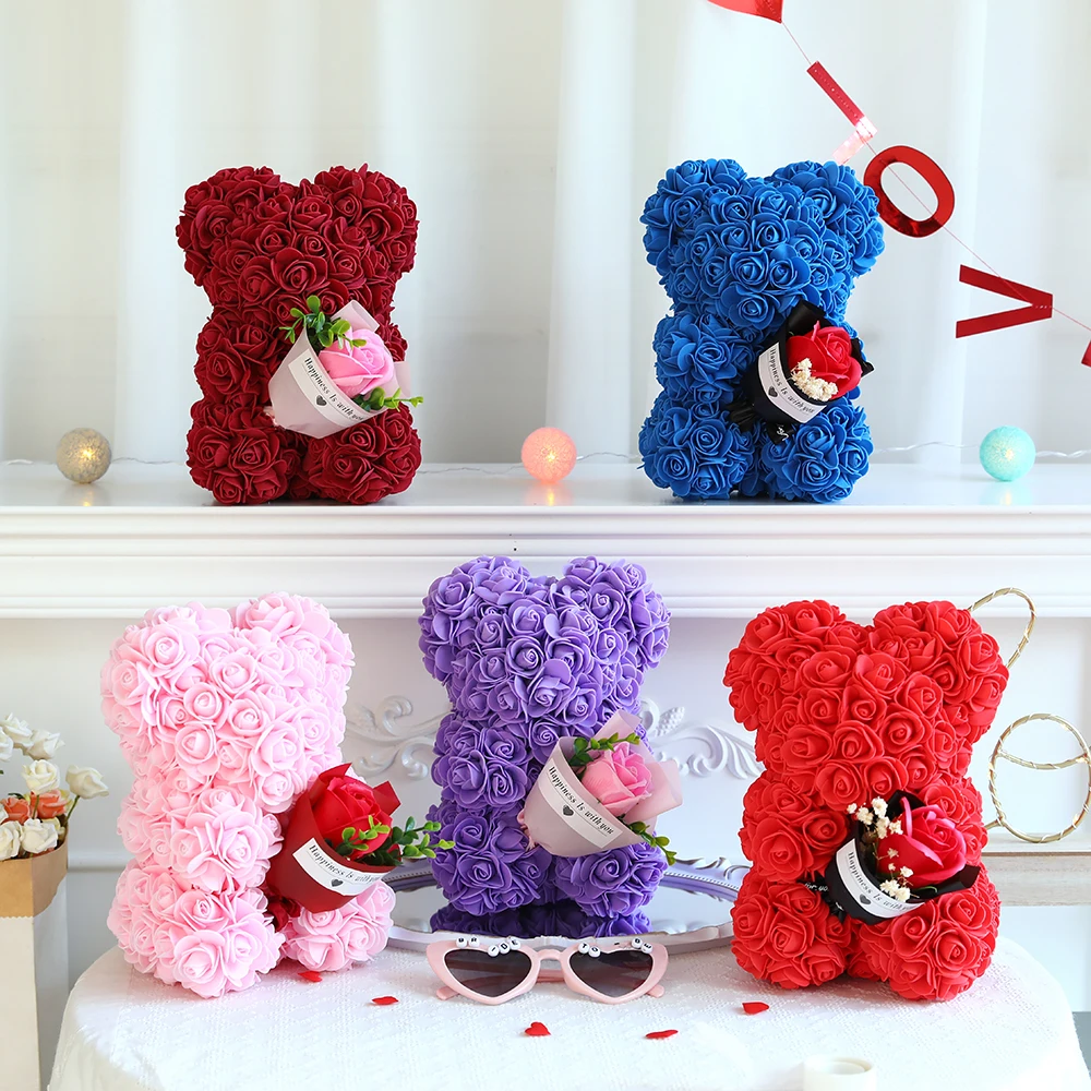 

1pc Artificial Foam Flower Rose Bear with Box Gifts for Wedding Engagement Anniversary Birthday Valentine Day Mothers Day