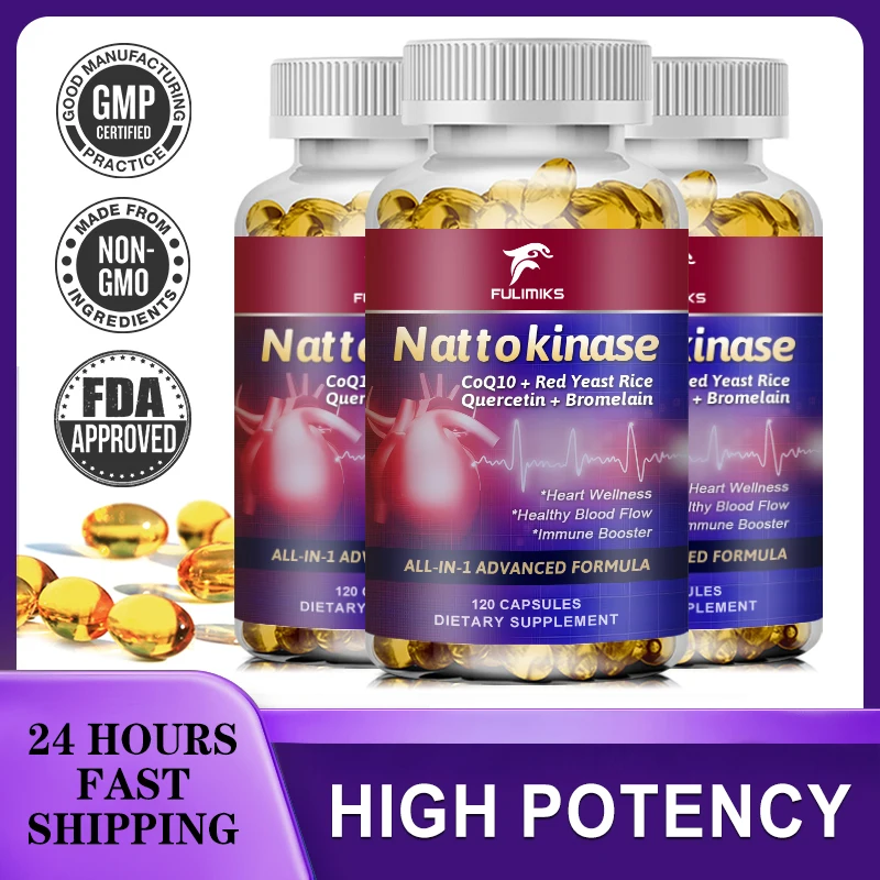 Nattokinase Capsules 10,100MG with CoQ10 + Red Yeast Rice Quercetin + Bromelain -Immune Booster