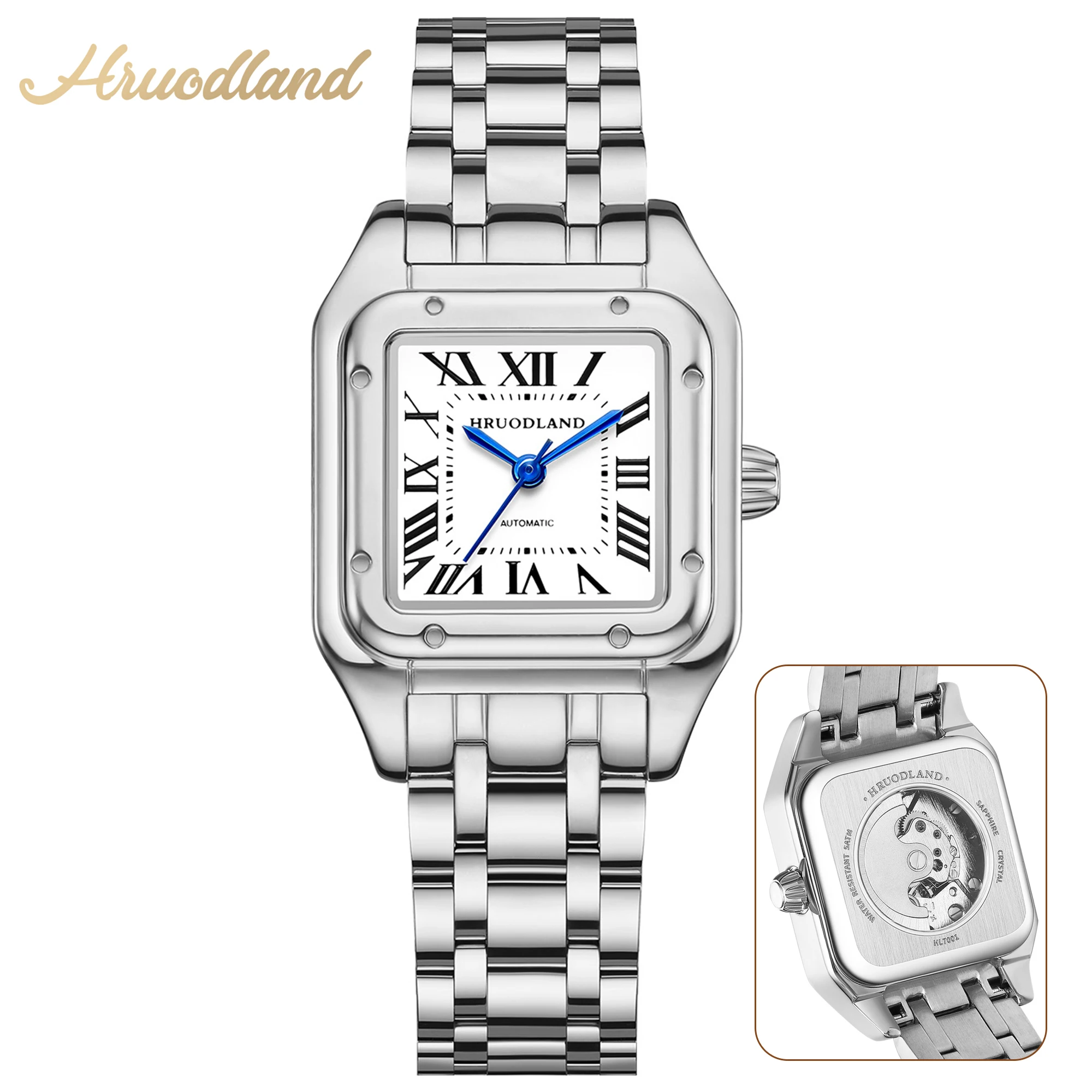 HRUODLAND 26mm Small Square Ladies Dress Watch Automatic Mechanical Roman Numeral Dial Sapphire Crystal Stainless Steel Gift