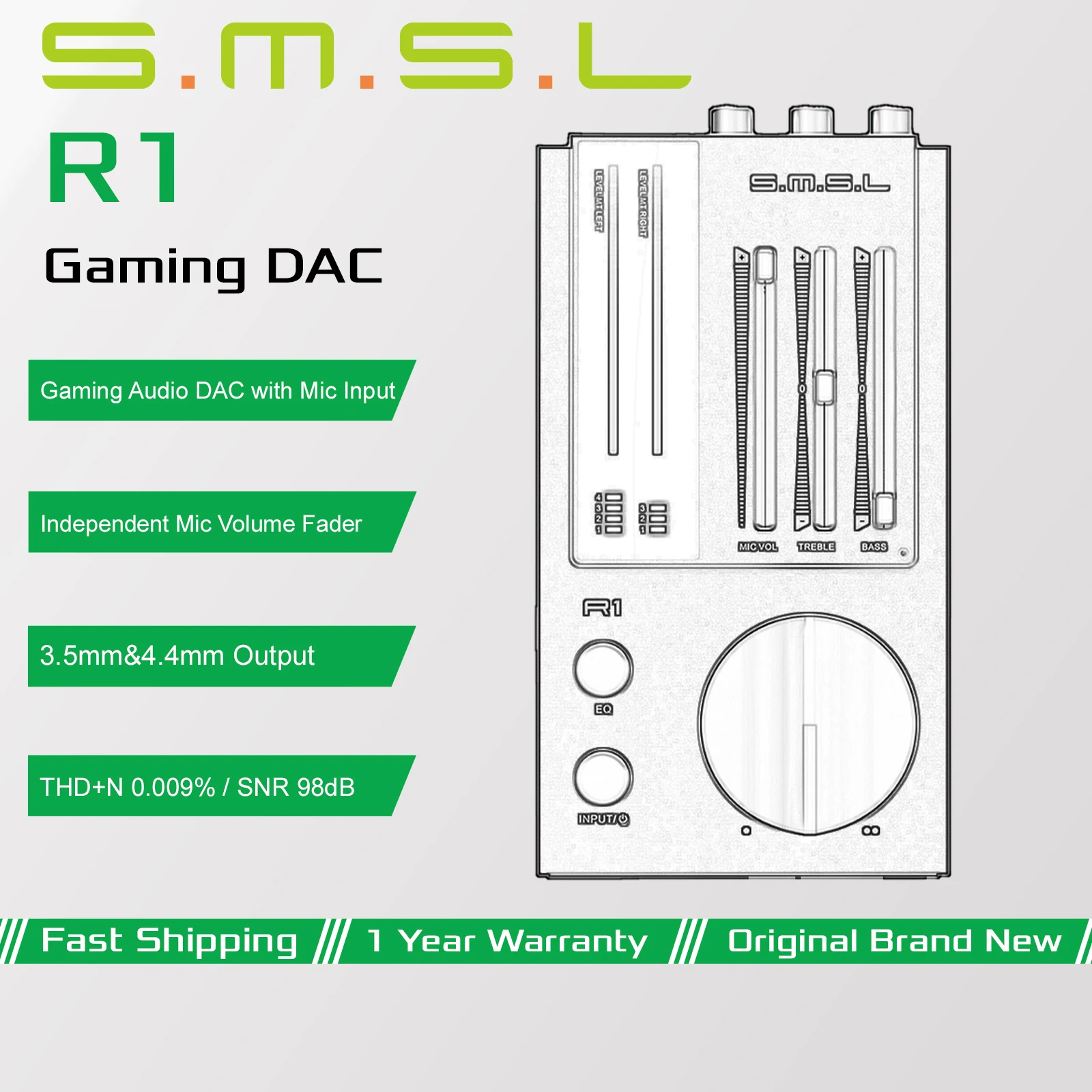 SMSL R1 ゲーミングオーディオDAC マイク入力付き USB光デジタル/同軸入力 4つのEQモード対応 3.5mm/4.4mm 120mW/32Ωヘッドフォン出力