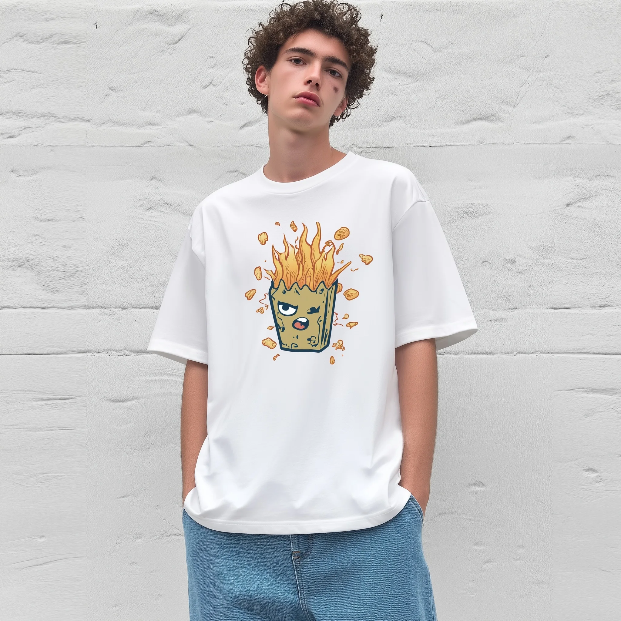 

Casual Short Sleeve T-Shirt White Fire Emoji Print for Daily Wear