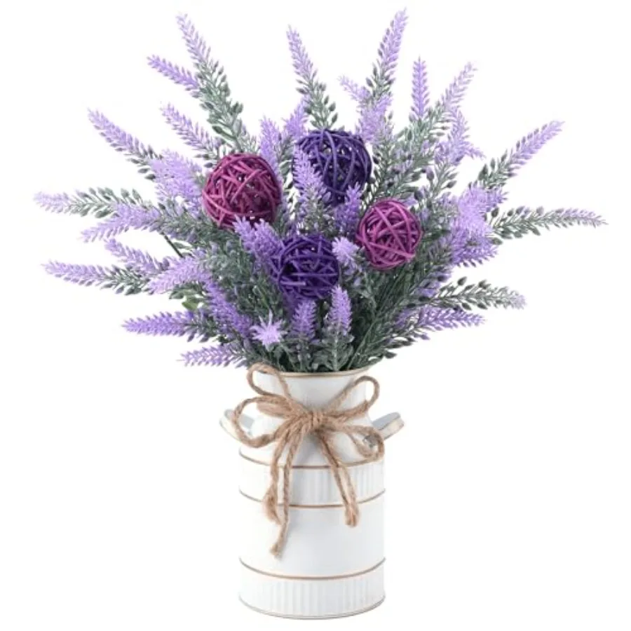 

Artificial Lavender Flowers Wicker Rattan Balls with Milk Can Floral Arrangements Faux Lavender Plant in Vintage Metal Vase Far