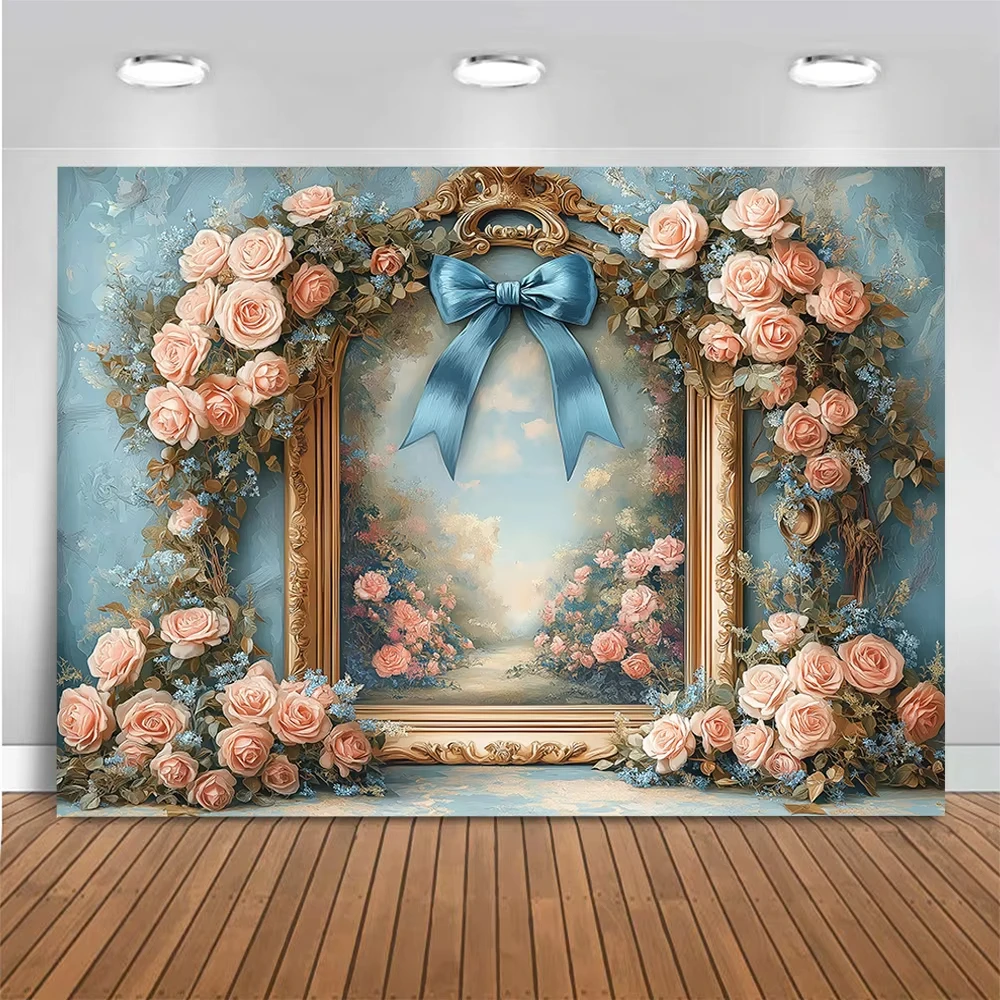 Merah Muda atau Biru Busur Retro Latar Belakang Perona Pipi Bunga Dinding Fotografi Latar Belakang Boho Bunga Anak-anak Dewasa Pesta Foto Studio Alat Peraga