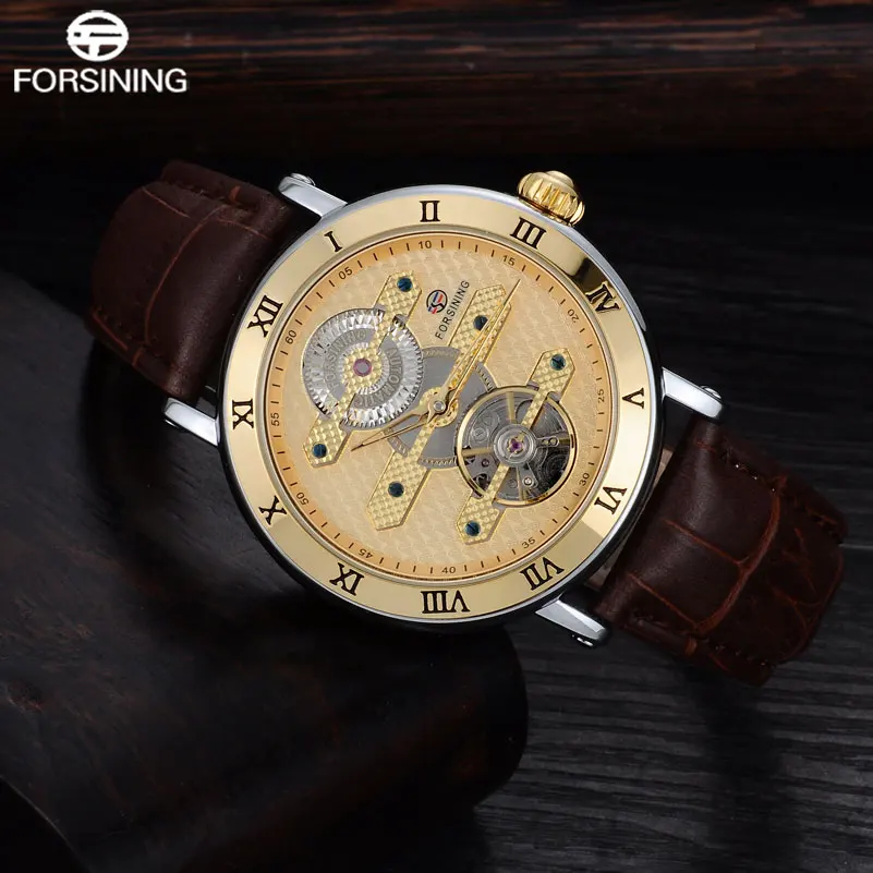 FORSINING 2023  Brand Luxury Mechanical Watch Men 30M Waterproof Tourbillon Automatic Watches Leaher Band Creative Gear Clock