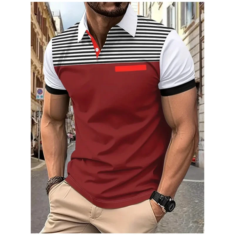 Comfortable Breathable Men Polo Shirt Striped Color Blocking Short Sleeve Lapel Top Summer Casual Business Breathable Clothing