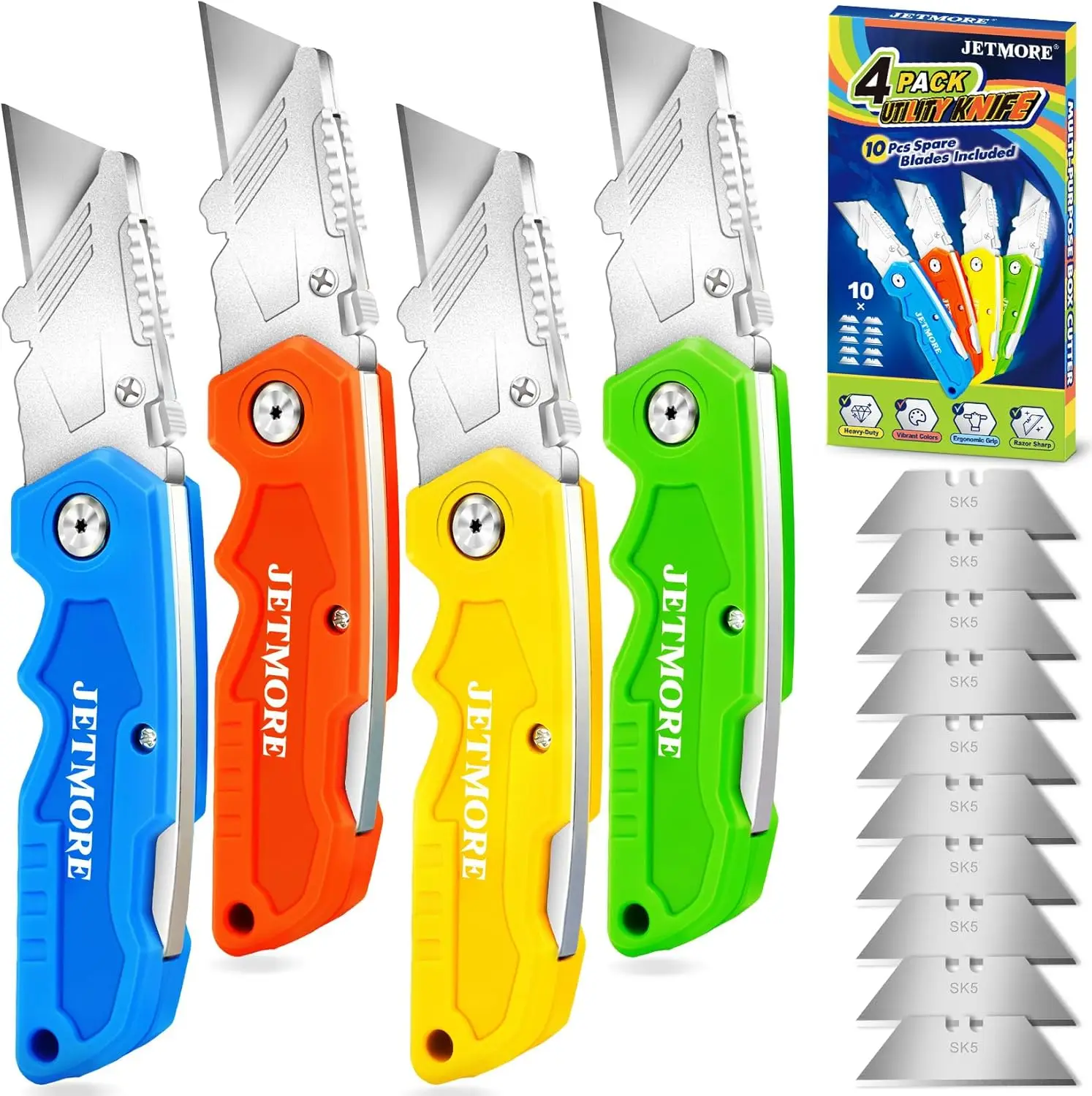 

4-Pack Colorful Utility Knife with 10 Blades, Folding Box Cutter for Cardboard, Carpet & Wallpaper