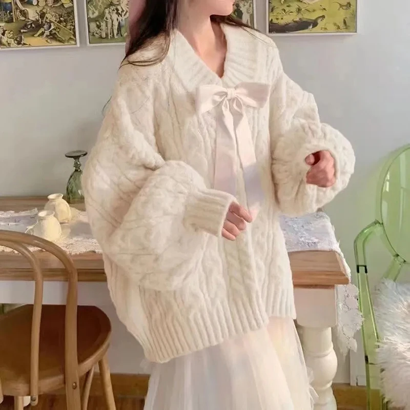 Bow Tie V-Neck Sweater Women Twist Loose Lazy Pink Lantern Sleeve Knitted Pullover Solid Fashion Pretty Style Female  Jumpers