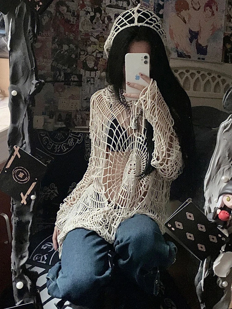 Y2k clothesY2k Spider Web Hollow Hole Design Spice Girl Hooded Pullover Knit Top Sweater Women Korean Fashion свитер с узорами