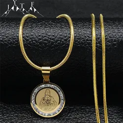 Jesus Virgin Mary Cross Pray Small Crystal Choker Necklace Stainless Steel Catholic Jesus Necklaces Snake Chain Jewelry N8031S05