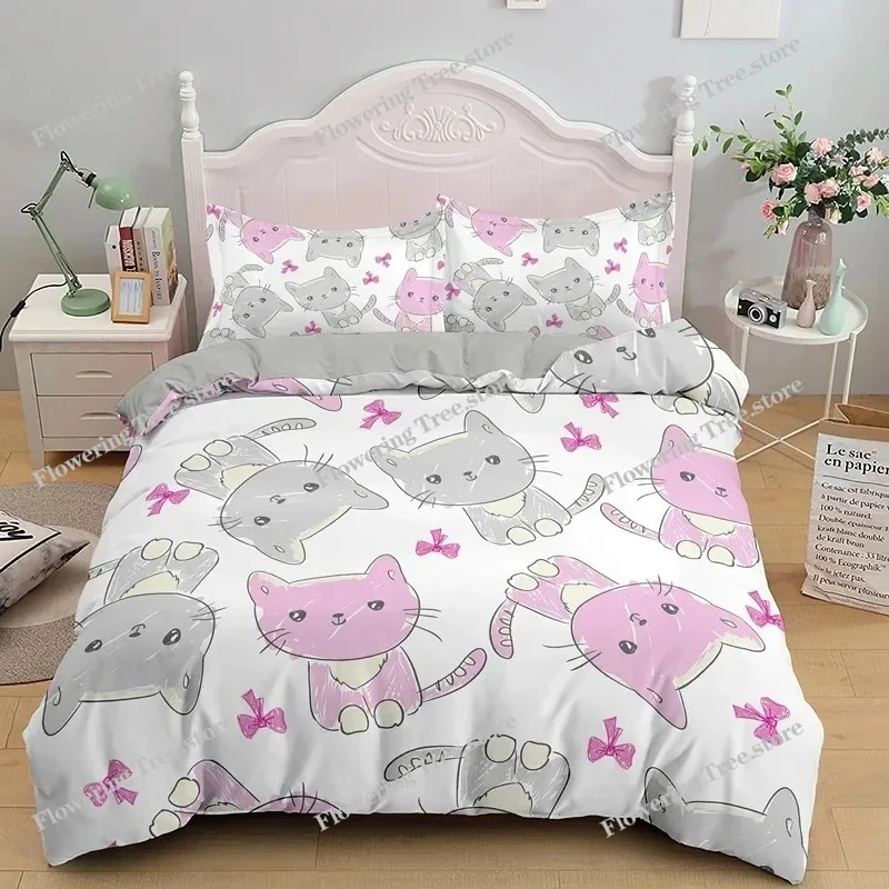 3D Kids Cats Bedding Set Twin Size Green Cartoon Cats Bedding Set for Kids Boys Girls Animal Theme Cute Kitten Pattern 3