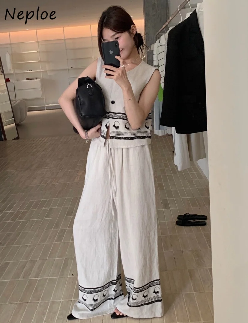 

Neploe New Chinese Style Vintage Literary Korea Vest Print Sleeveless Casual Camis Loose Simple Soft Minority O Neck Moda Tanks