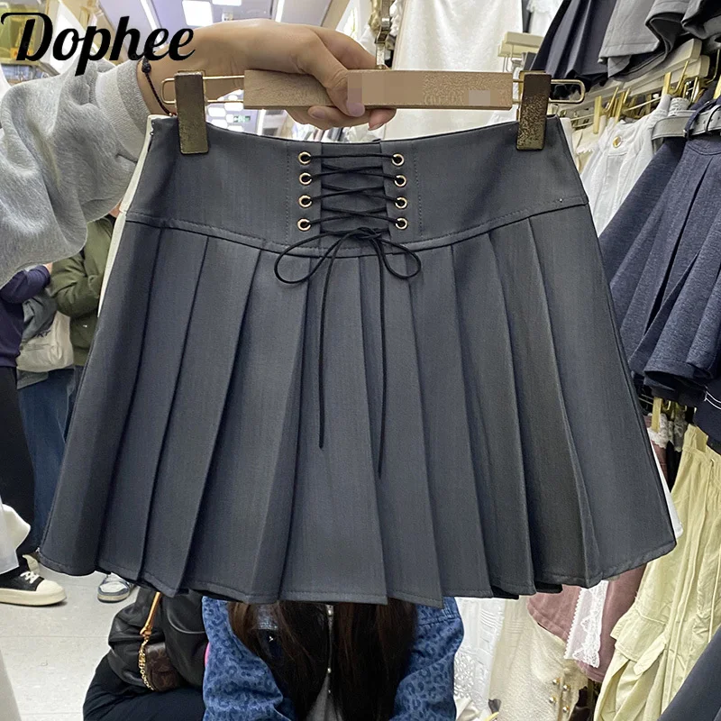 Dophee Vintage Bandage High Waist Pleated Skirt New Spring Summer Preppy Style Solid Color Short A-line Skirt Women Miniskirts