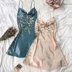 2 Pcs Set New Women Pajamas Satin Silk Nightgown Print V-Neck Women Sexy Suspenders Homewear