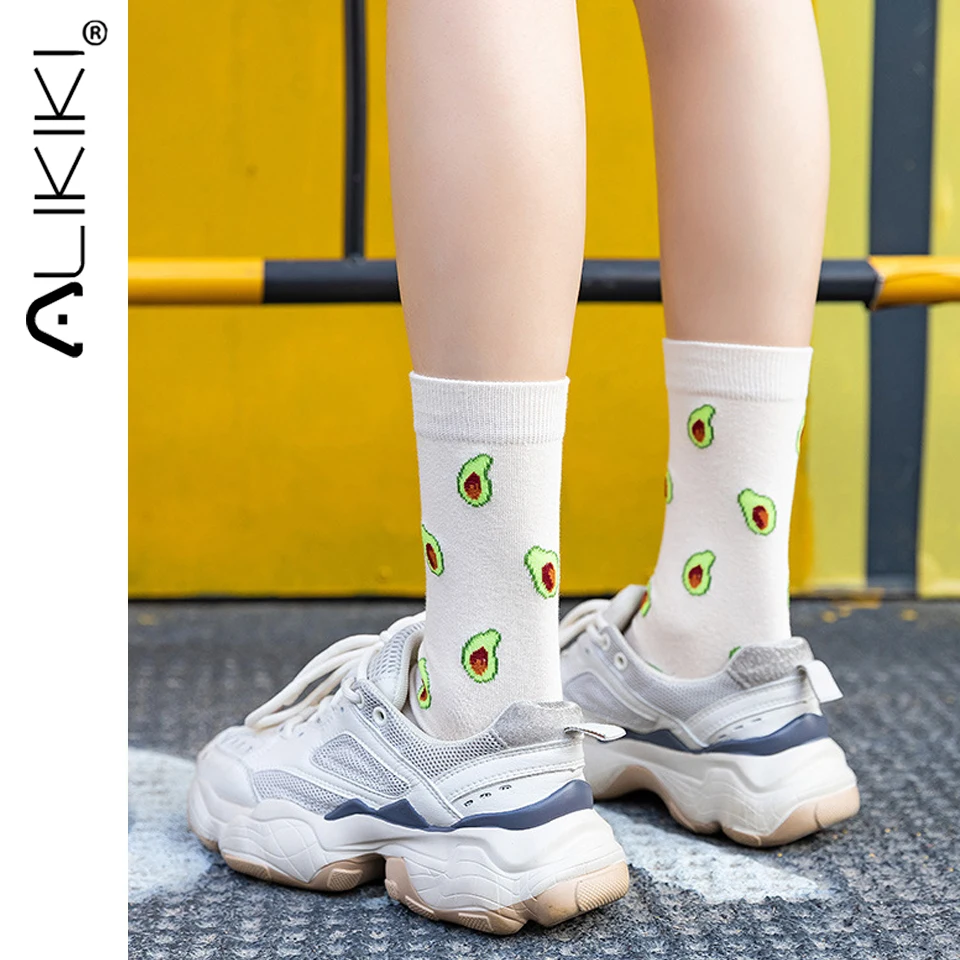 Colorful Women's Socks Banana Avocado Lemon Egg Cookie Donuts Mixed Color Harajuku Socks Fruit Print Long Stockings