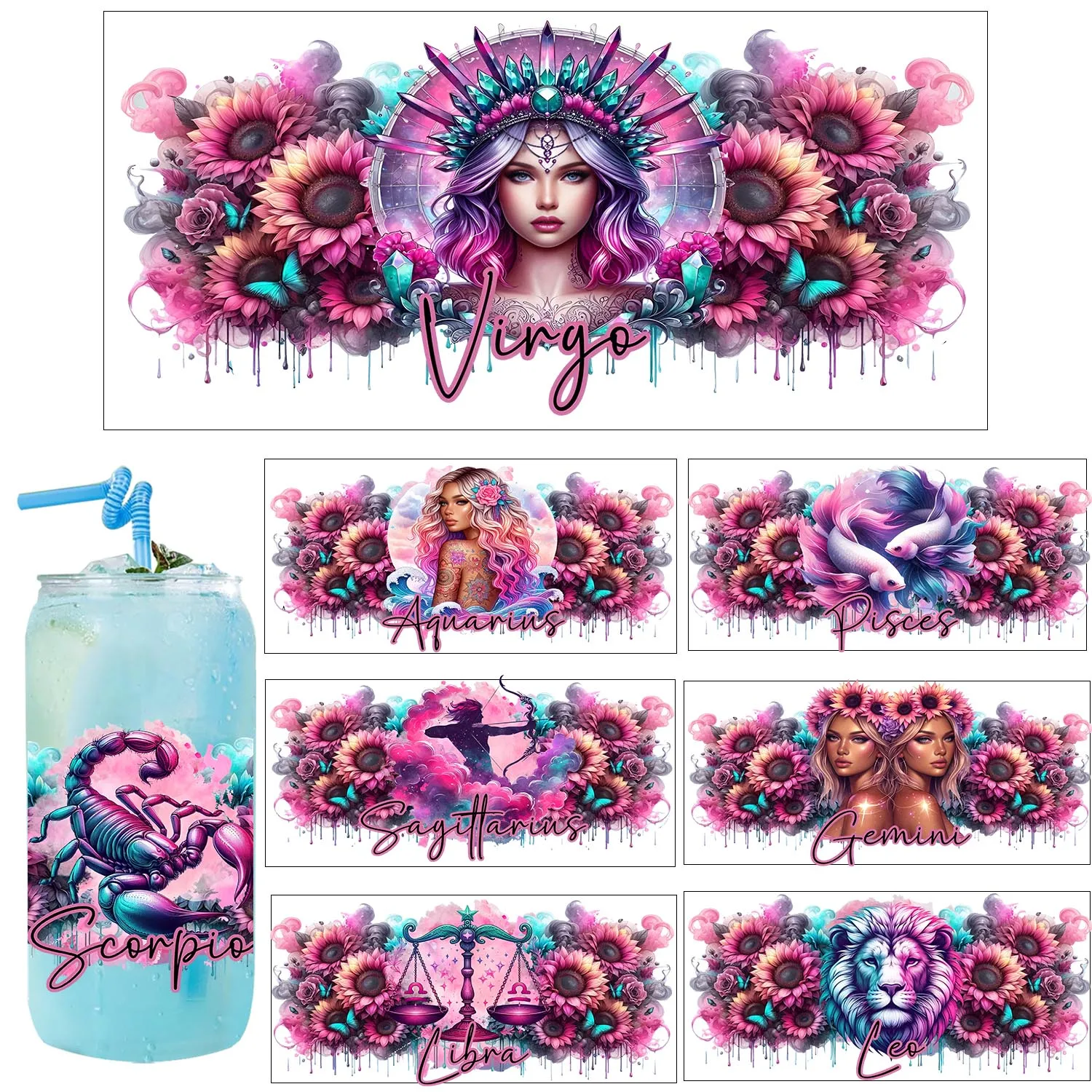Zodiac signs Theme Artwork UV DTF Printing Sticker Party Deco DIY Decals 3D transfers uvdtf stickers 16oz uv dtf cup wraps