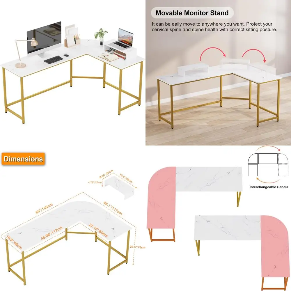 

Corner Desk with Monitor Stand, Modern Home Office Desk, Reversible L-Shaped Workstation for PC, Study Writing Area