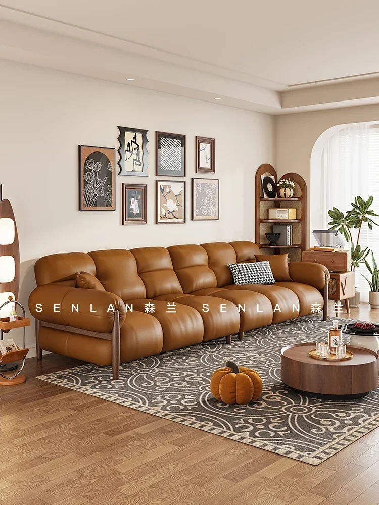 Leather sofa living room  apartment modern simple layer cowhide Italian minimalist home straight row three-person combination