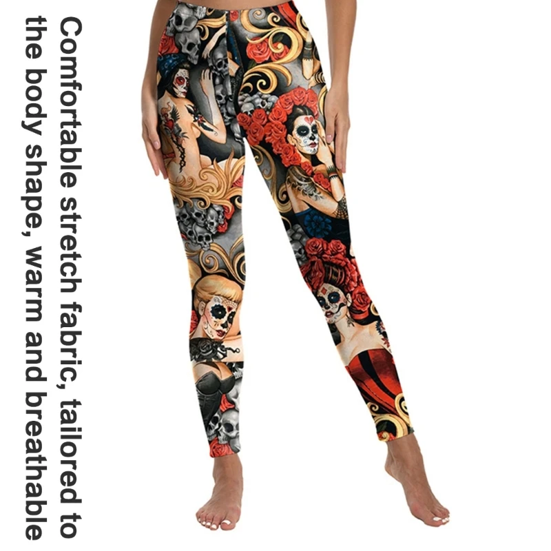 95AB Calça legging feminina com estampa caveira flor para o dia mortos, quente, respirável, cintura elástica, calças