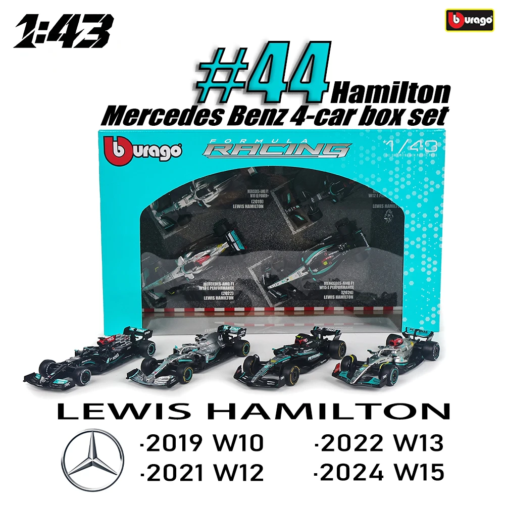 

Bburago 1:43 Mercedes-Benz #44 Lewis Hamilton 4-car box set 2019-W10 2021-W12 2022-W13 2024-W15 Alloy car model die-casting toy