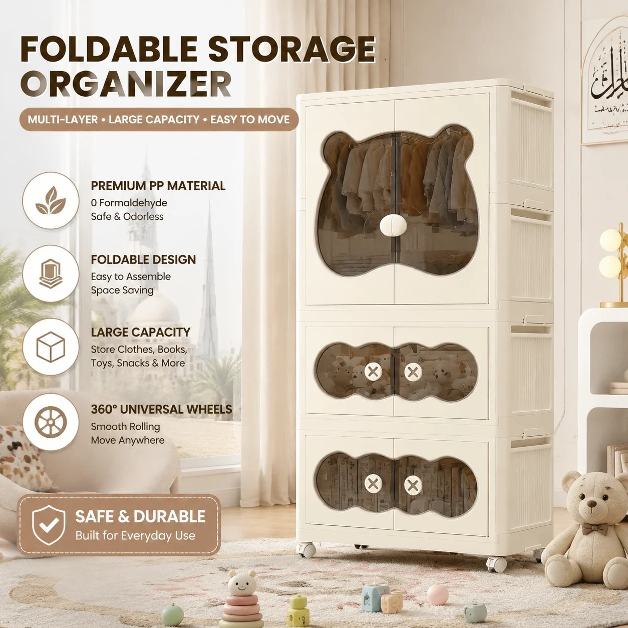 Foldable Kids Wardrobe No Assembly, Cute Bear Door PP Plastic Baby Closet with 360° Wheels, Formaldehyde-Free Freestanding Children Clothes Storage Cabinet, Stackable Nursery Organizer for Toys Books Garments