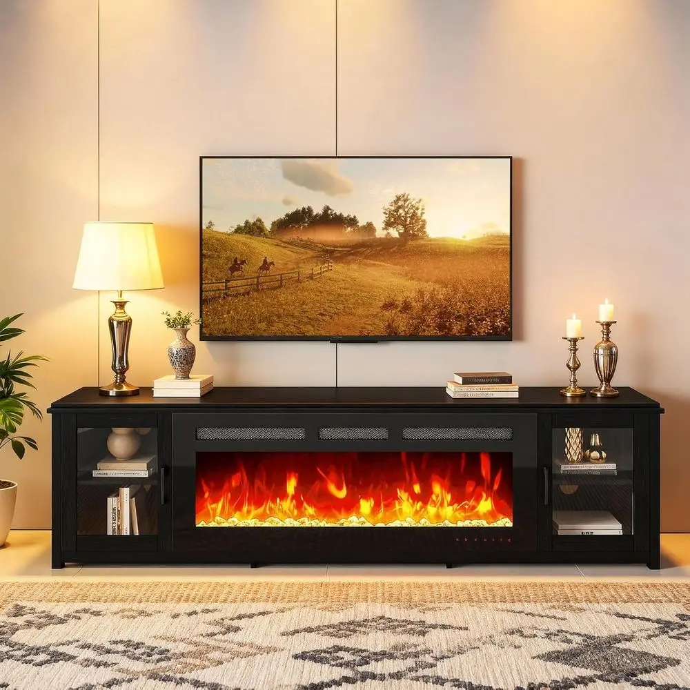 Black 80 TV Stand with 50 Electric Fireplace, LED Lighting, and Storage for TVs up to 100