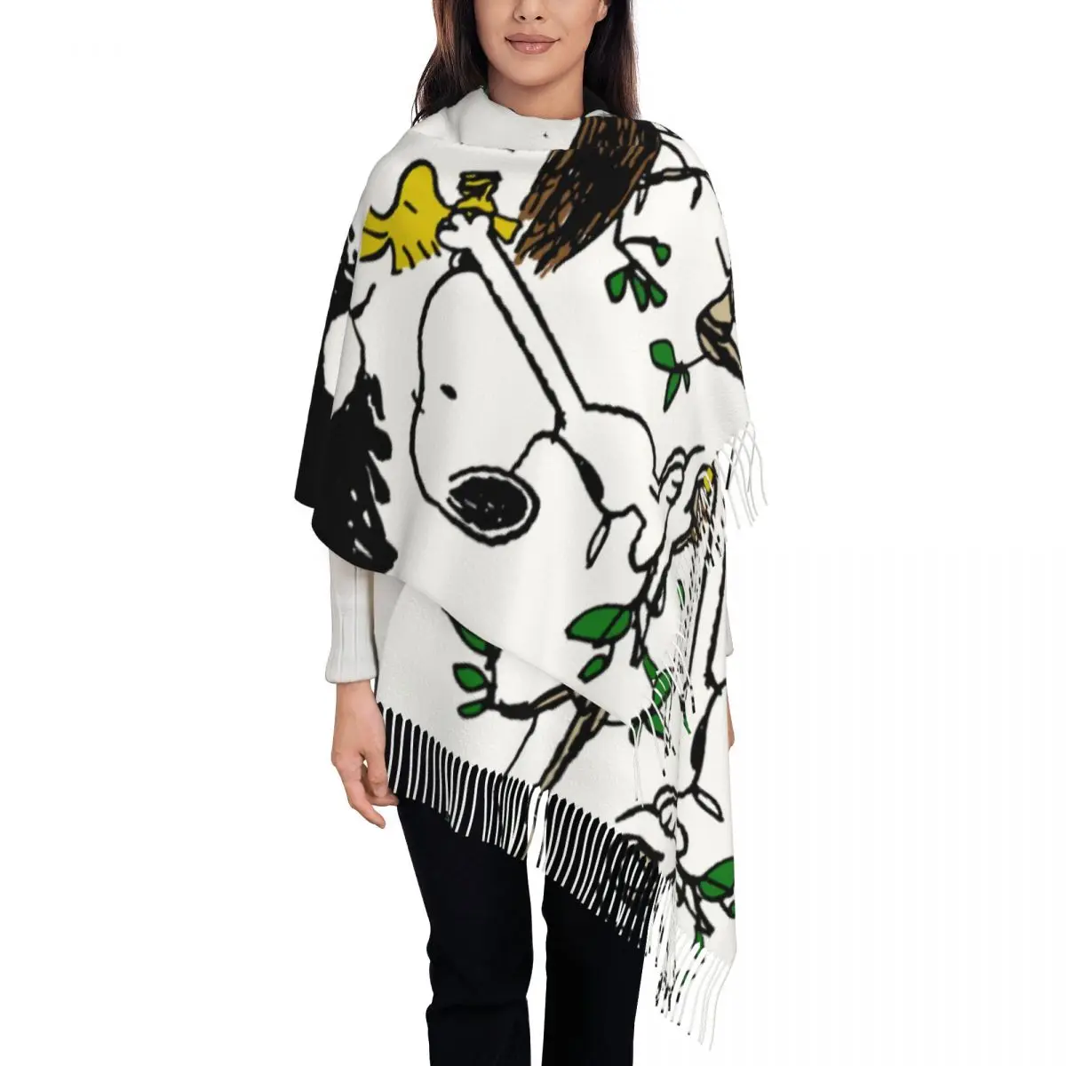 

Custom Cartoon Snoopy Scarf Wrap for Women Long Winter Fall Warm Tassel Shawl Unisex Scarves