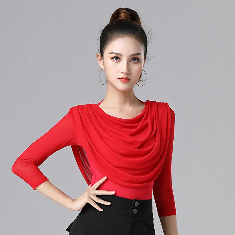 Elegant Slim Fit Ruffle Tassels Tops Dance Sports Costume Women Red Latin Top Waltz Adult Modern Wear Solid Color Samba Clothing