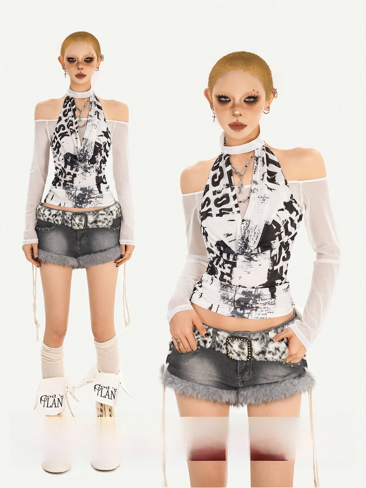 

Nico Molly Spicy Girl Sle Long Sve T-irt Net Lace One oulder Letter Print Ne Hanging Design Girls Faion Top